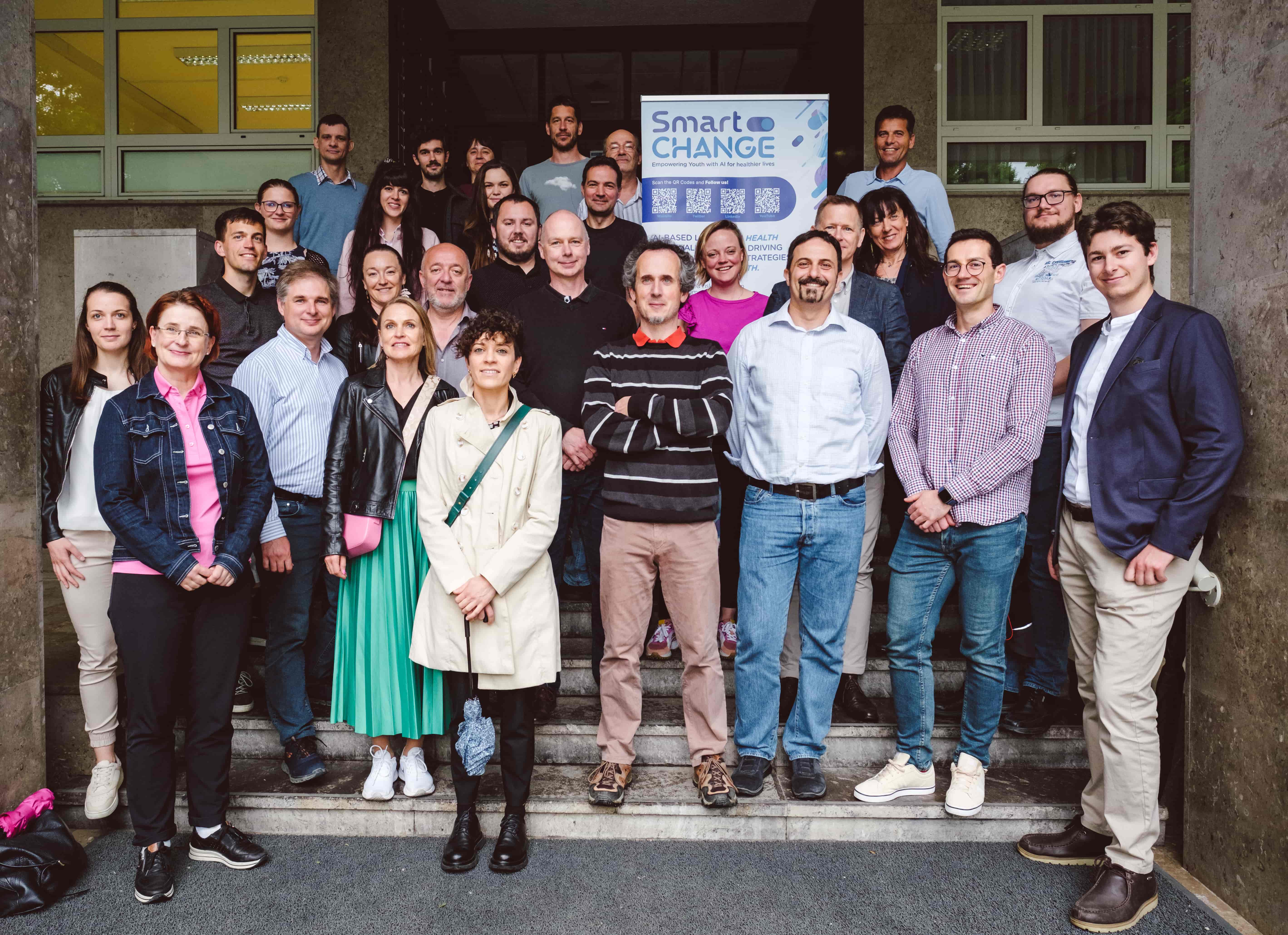 The members of the consortium standing together in front of the SmartCHANGE banner